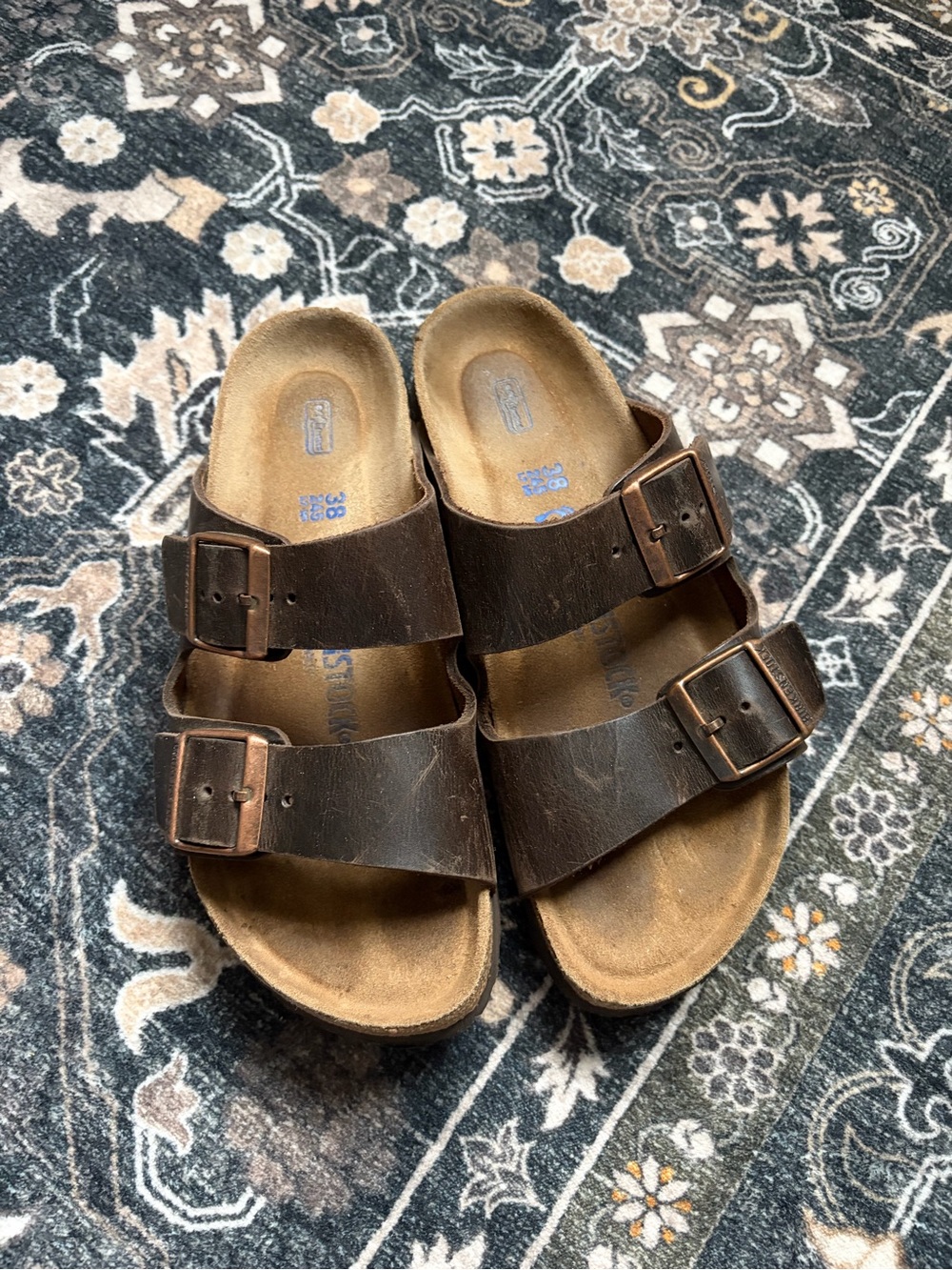 Birkenstock Leather Dark Brown Double Strap Buckle Sandals